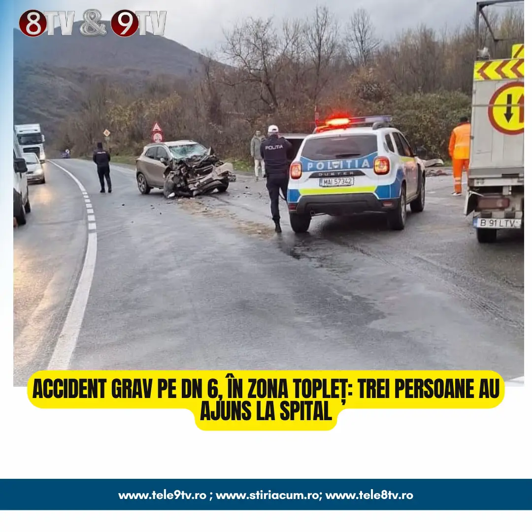 Un accident rutier a avut loc  pe DN 6, în apropierea localității Topleț, județul Caraș-Severin. Impactul, produs în cursul după-amiezii, a necesitat intervenția rapidă a echipajelor medicale și a forțelor de ordine. Potrivit informațiilor inițiale, în urma coliziunii au rezultat trei victime, toate fiind preluate de ambulanțe și transportate de urgență la spital pentru investigații suplimentare. Starea lor nu a fost deocamdată comunicată oficial. La fața locului au intervenit echipaje de poliție, pompieri și cadre medicale, traficul fiind parțial restricționat până la finalizarea măsurătorilor. Polițiștii au demarat o anchetă pentru a stabili cauza exactă a accidentului, nefiind excluse variante precum neatenția în conducere sau condițiile de drum. #accident #toplet  #tele9tv  #tele8tv 