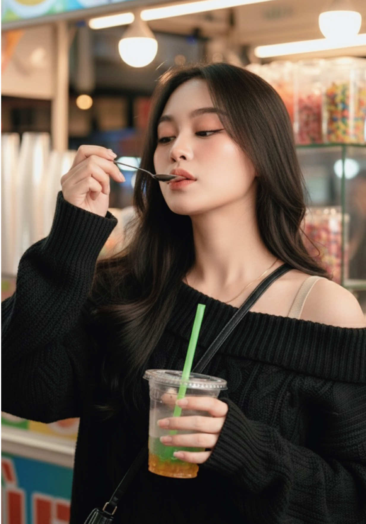 Prompt by Dheariskiamalia🌈🌼✨ Convert into a realistic portrait of a young beautiful woman ( exactly same face as the reference image) Ultra-high-resolution Y2K photography aesthetic, candid moment of a young woman at a vibrant night market, holding a colorful shaved ice dessert cup topped with bright red jelly pearls in one hand and a second drink with a green straw in the other. Soft long dark hair with gentle waves and curtain bangs, illuminated by strong direct flash hitting her face, creating bright porcelain-glow skin, crisp highlights, and deep nostalgic shadows typical of early-2000s point-and-shoot cameras. Wardrobe: beige fitted inner top paired with a black cable-knit off-shoulder sweater, showing subtle shoulder highlight from the flash, black leather strap of a bag adding structure and contrast. Visible textures: knitted fabric, shiny plastic cups, ice crystals, and jelly toppings rendered in ultra-sharp detail. Lighting: harsh Y2K pop-flash aesthetic, extremely bright flash directly on the face, making the skin appear smooth, bright, white-toned, and luminous. Ambient warm market lights in the background blending with flash exposure, creating a nostalgic mixed-light look. Background: colorful night market booth with stacked clear plastic cups, warm tungsten bulbs, bright signage and candy-like items, saturated colors, slight chromatic aberration, subtle digital noise, and early digital-camera imperfections. Camera style: 2000s compact digital camera, intense pop-up flash, slight vignette, sharp but imperfect clarity. Mood: youthful, cozy, sweet, candid moment captured in a lively night-market atmosphere. Large-format image, extremely detailed textures, high-end editorial composition, luminous flash-lit complexion in High-End Creative Director style. #geminiai #tiktoktrending #chatgpt #likefollow #ai  