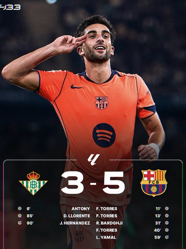 FULL TIME, Barcelona Berhasil Mengalahkan Real Betis Dengan Skor 5-3. #barcelona #realbetis #laliga #ferrantorres #lamineyamal 