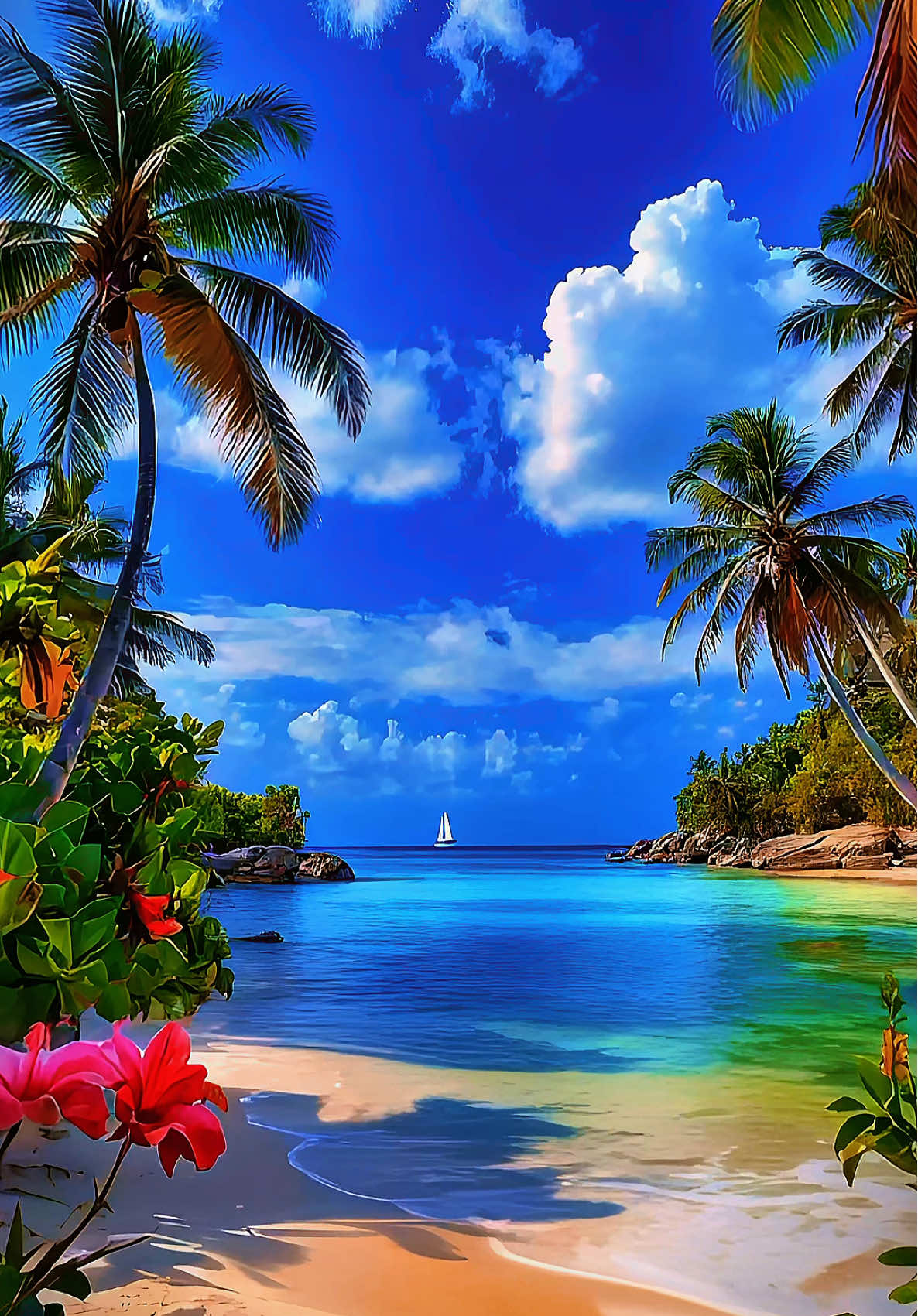 4K Live Wallpaper | Enchanted Tropical Paradise & Blue Sea Bay Shores 🌴🌺⛵️🦋🐠 💠 Sunlit tropical palms sway above crystal blue shores — a serene paradise glowing in turquoise, emerald, and gold. Warm ocean breezes drift across the quiet coastline, while luminous waters shimmer beneath a radiant summer sky. Gentle waves roll toward the sand with soothing clarity, their glassy surfaces reflecting clouds in soft, dreamlike hues. Bright island flowers bloom along the tranquil bay, adding vibrant color to this peaceful ocean escape. A tranquil blend of tropical paradise, clear blue sea waters, swaying palm canopies, and sunlit island serenity — created to bring warmth, calm, and a touch of enchanting shoreline magic into your space 🩵✨ ©️ Copyright — All content materials, including video, text, and descriptions, are property of AI Canvas Team. #wallpapers #livewallpaper #relaxingvideos #bay #tropical 