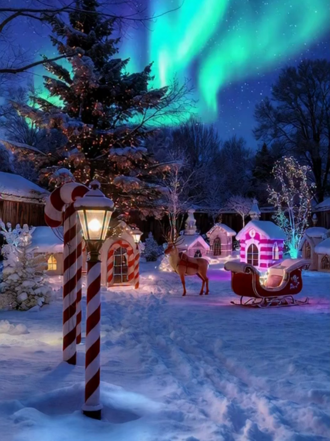 North Pole-Themed Yard Display – Enchanted Polar Village A magical yard transformed into a glowing North Pole village, with candy-cane street lamps, tiny elf houses, a sparkling sleigh, and illuminated reindeer. Soft blue-white polar lights create a whimsical winter wonderland, perfect for festive holiday vibes. #NorthPoleChristmas #HolidayDecorMagic #WinterWonderlandVibes #EpicChristmasLights #FestiveHomeDisplay