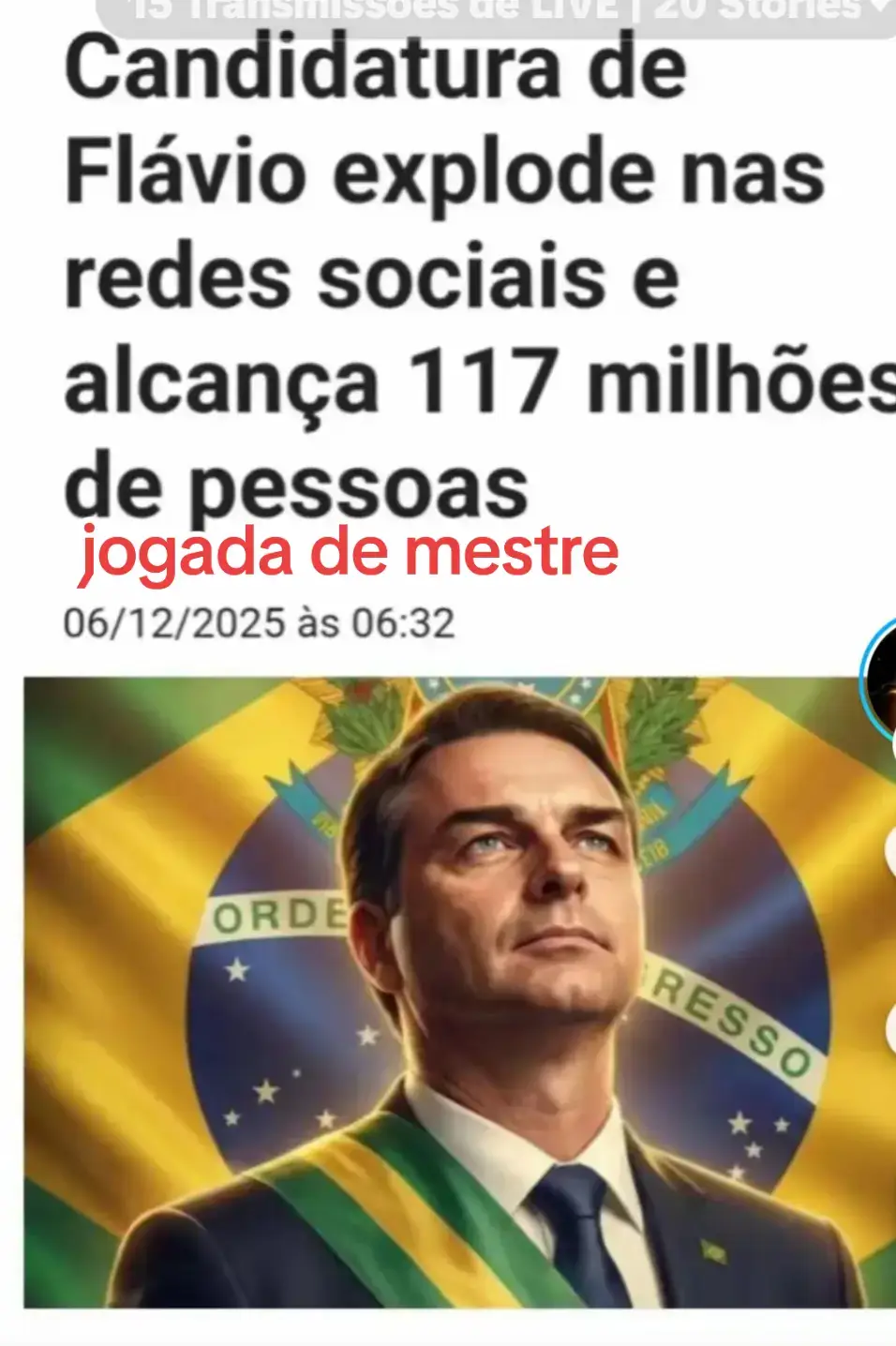 ex-presidente Jair Bolsonaro, atualmente inelegível e preso, anunciou a escolha do seu filho mais velho para a disputa presidencial em dezembro de 2025, e Flávio confirmou que aceitou a missão.  Atualmente, Flávio Bolsonaro é senador pelo estado do Rio de Janeiro, com mandato previsto para terminar no início de 2027. A sua pré-candidatura à Presidência já gera reações e divisões entre diferentes alas da direita e do centrão. 