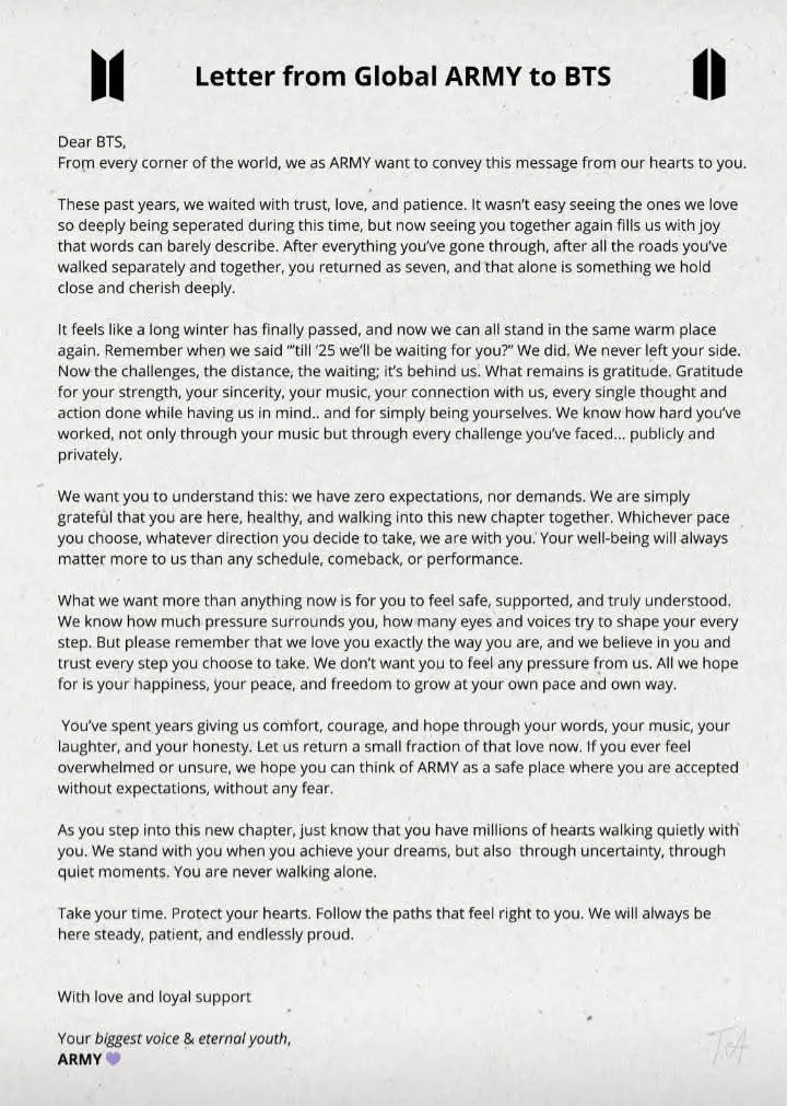 Surat dari #ARMY Global untuk #BTS💜 ARMY, saatnya menunjukkan dukungan kita kepada mereka dan memberi tahu mereka bahwa kita masih berdiri teguh di sisi mereka. Sebarkan pesan ini di platform lain - terutama di Weverse agar bisa sampai ke BTS! ________ Trans isi surat dari army global untuk BTS: 