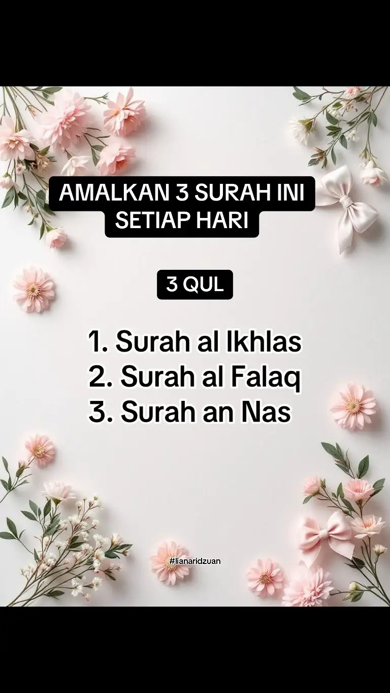 1. Perlindungan Daripada Gangguan Syaitan Surah An-Nas merupakan salah satu ‘Al Mu’awwidzataini’, iaitu dua surah yang mengandungi permohonan perlindungan. 2. Surah Yang Diamalkan Oleh Nabi  Sebelum Tidur Pada Setiap Malam Daripada Aisyah r.ha. katanya: “Nabi SAW apabila ke tempat hamparan tidur setiap malam baginda menatadah kedua tangannya kemudian menghambus kedua tapak tangan lalu membaca surah Ikhlas, surah Al-Falaq dan surah An-Nas kemudian baginda menyapu ke bahagian badan yang dapat dicapai oleh kedua tangan, baginda memulakannya dari kepala, muka, dan bahagian badan yang dapat dicapai. Baginda melakukan seperti demikian sebanyak tiga kali.” (Hadis Riwayat Bukhari) Kita digalakkan membaca surah 3 Qul dan disertai dengan Ayat Kursi sebelum tidur 3. Ganjaran Syurga Kita selalu berdoa selepas beribadah solat lima waktu. Surah al-Ikhlas adalah medium untuk doa diterima. Pembaca surah al-Ikhlas menjadi hamba Allah yang disukai. Seseorang yang membaca surah al-Ikhlas dalam solat wajib lima waktu, Allah mengurniakan rahmatNya kepada orang tersebut, ibu bapa dan anak-anaknya, bukan hanya di dunia tetapi juga di akhirat. Rasulullah S.A.W. bersabda yang bermaksud : Seseorang yang membaca surah al-Ikhlas sepuluh kali, maka Allah akan mendirikan rumah di syurga baginya.“ Pernah seorang sahabat Nabi Muhammad S.A.W. berkata : “Aku sangat menyukai surah ini (al-Ikhlas).” Nabi S.A.W. menjawab : “Dan cintamu terhadapnya akan membuatkan kamu memasuki syurga.” (HR Tirmizi) #surah3qul #doa #surahharian #doaharian 