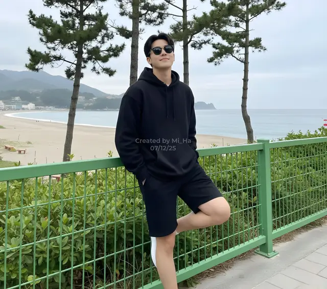 Prompt: Edit foto seorang pria muda (wajah dan rambut sesuai foto referensi). ​Pakaian (Outfit): Mengenakan pakaian serba hitam (all-black casual look). ​Atasan: Hoodie polos berwarna hitam, oversized atau relaxed fit. ​Bawahan: Celana pendek (shorts) berwarna hitam. ​Aksesoris: Kacamata hitam, memberikan kesan misterius/keren. ​Alas Kaki: Nike Air Force 1 Low white, dengan kaus kaki. ​Pose & Ekspresi: ​Subjek bersandar santai ke pagar hijau. ​Kedua tangan dimasukkan ke dalam saku hoodie. ​Satu kaki ditekuk dan menempel pada pagar. ​Ekspresi wajah tersenyum ke atas kamera, dengan tatapan lurus ke depan atau sedikit ke samping. ​2. 🏞️ Latar Belakang & Lokasi (Setting) ​Jenis Lokasi: Area tepi pantai atau pesisir, kemungkinan di tempat yang memiliki jalan setapak atau promenade di atas pantai. ​Elemen Kunci: ​Pagar: Pagar besi berwarna hijau dengan pola berlian (diamond pattern) yang berfungsi sebagai bingkai atau garis diagonal dalam komposisi. ​Pepohonan/Tanaman: Tanaman hijau, termasuk pohon pinus di bagian atas dan semak-semak (shrubs) yang lebat di belakang pagar. ​Pemandangan: Terlihat pantai berpasir/kerikil, air laut berwarna biru kehijauan, dan perbukitan/pegunungan di kejauhan dengan bangunan-bangunan kecil di sepanjang pesisir. ​Cuaca/Waktu: Hari yang cenderung mendung atau berawan (overcast), menunjukkan cuaca yang sejuk atau musim semi/musim gugur. Cahaya yang dihasilkan lembut (diffused light). ​3. ✨ Estetika & Gaya (Style & Aesthetic) ​Gaya Pakaian: Streetwear minimalis dan sporty-casual. Monokromatik (dominasi hitam dan putih pada alas kaki). ​Vibe/Mood: Santai (relaxed), effortlessly cool, edgy, dan sedikit melankolis karena cuaca berawan. ​Tujuan Foto: Cocok untuk konten lifestyle, fashion blog, atau feed media sosial yang berfokus pada outfit harian (OOTD) dan traveling. ​4. 📐 Komposisi & Teknik Foto ​Sudut Pandang (Angle): Eye-level (sejajar mata) atau sedikit di bawahnya, membuat subjek terlihat tinggi dan dominan. ​Bingkai (Framing): Pagar dan vegetasi di atas dan samping membingkai subjek. Subjek diletakkan sedikit di tengah, tetapi juga memanfaatkan Aturan Sepertiga (Rule of Thirds) untuk penempatan vertikal. ​Fokus (Focus): Tajam pada subjek, dengan latar belakang sedikit blur (bokeh) untuk menonjolkan model (meskipun bokeh-nya tidak terlalu ekstrem karena latar belakangnya cukup detail). #prompt #geminiai #googleai #aiart #ai 