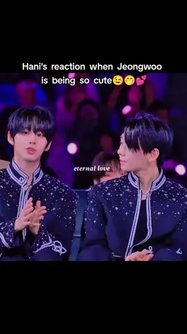 Hani can't really handle Jeongwoo's cuteness fr!🤭😉😅 credit: @eternallove0906 #AHOF #JEONGWOO #HANI #AAA #FOHA 