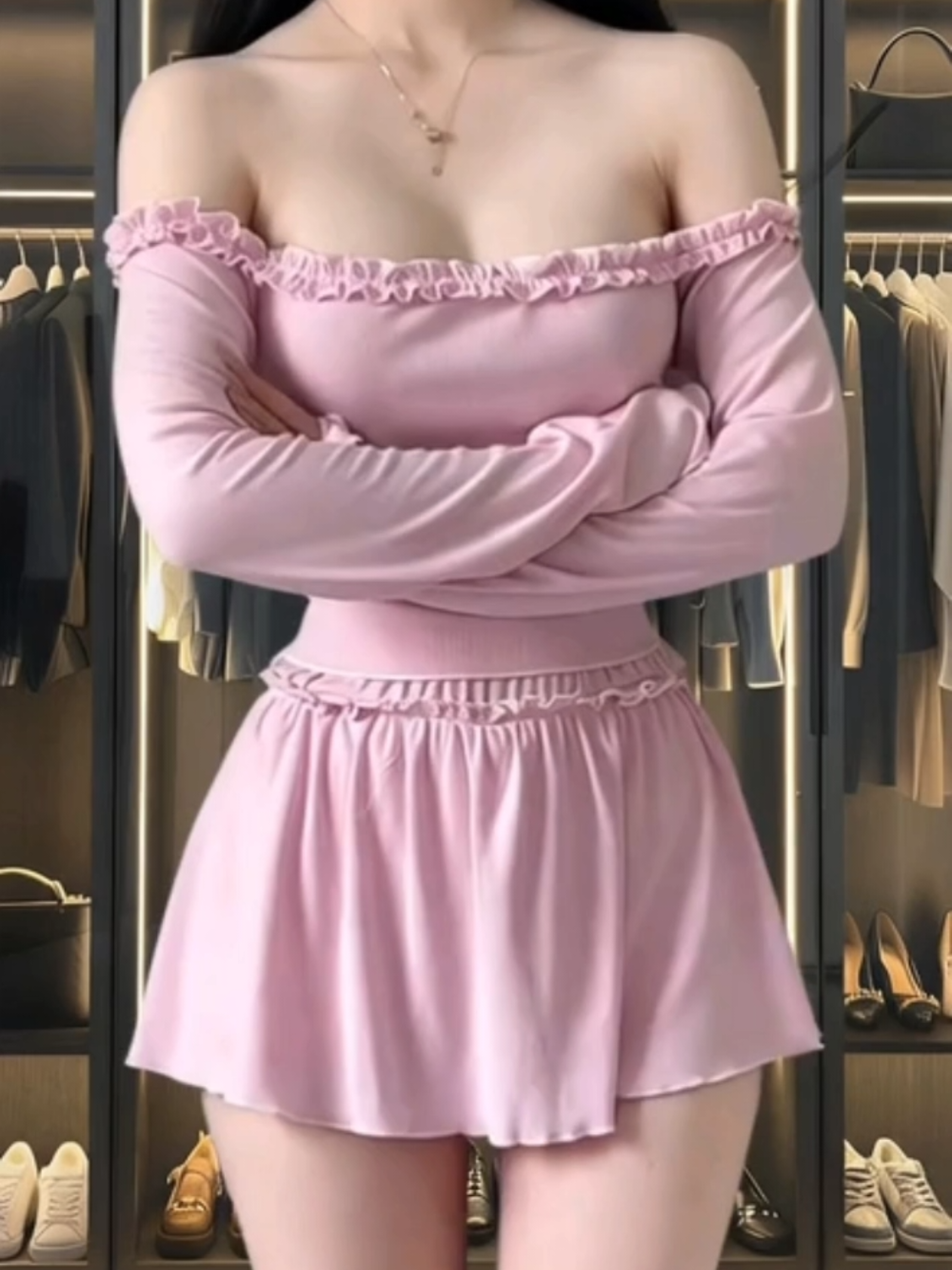 Áo trễ vai hồng viền bèo ngọt ngào   #ÁoTrễVai #ÁoHồng #ViềnBèo #ÁoDàiTay #ĐồXinh