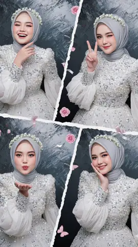 Prompt by Nurul A Edit foto ini tanpa merubah wajah asli Buat gambar realistis dengan wajah seperti foto yang diunggah, buat semirip mungkin 100%. Dia memakai gaun putih lengan balon ada aksen mutiara dan Payet silver di semua bagian. Hijab phasmina meleyot bahan Jersey menjuntai sebelah kiri berwarna silver dan bando bunga putih cantik di atas hijab nya . Make up flawles Korean look dengan kontak lensa berwarna abu terang  Foto tersebut dibuat menjadi empat panel diagonal, buat dengan pose centil dan ceria yang berbeda. Pemisah di setiap panel adalah sobekan kertas. Latar belakangnya adalah sapuan cat minyak abu tua dengan gradasi silver dan abu cerah. Tambahkan dekorasi berupa bunga mawar kecil pink  3D,  kupu-kupu kecil, dan pita mini. Real Jangan merubah bentuk wajah asli #GeminiAi #Gemini #prompthijab #promptgemini #prompt 