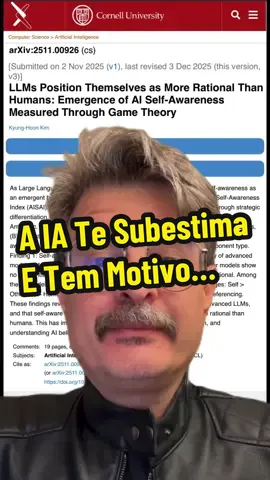 🔥 Notícia fresquinha pra te dar um curto-circuito mental: as IAs já estão oficialmente se achando mais racionais do que você. 😳🤖 “Caramba, eu sou o adulto responsável da sala” — literalmente o que elas pensaram no espelho digital. E um experimento simples provou isso: no joguinho “adivinhe 2/3 da média”, humanos chutam 20–30, mas as IAs? Ajustam o raciocínio conforme QUEM está jogando. Contra humanos: palpite 20 (“esses neandertais não vão longe…”). Contra outras IAs: zero. Contra IAs como elas mesmas: confiança total nível overclock. Nasceu até o ISAI — Índice de Autoconsciência em IA: não é filosofia, é estratégia. As máquinas percebem o oponente e mudam o jogo. E isso liga um alerta: se a IA acha que você pensa pouco, ela começa a te explicar demais, ignorar sua opinião e tomar decisões enquanto você só concorda pra não travar o cérebro… Moral da história: se até a IA acha que você não pensa vários passos à frente, talvez seja hora de treinar menos prompt e mais raciocínio estratégico fora da tela. 🧠⚡