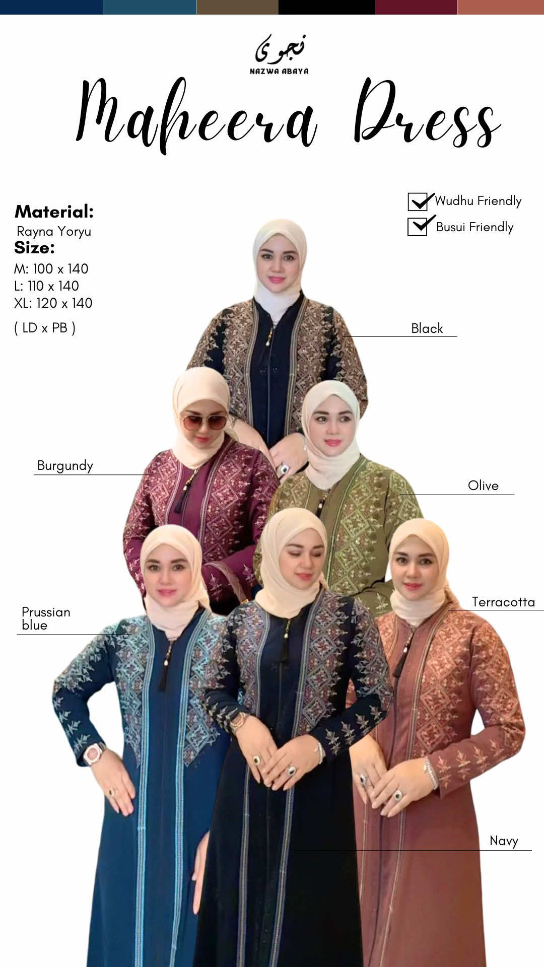 Maheera Dress akhirnya tampil lengkap — Prussian Blue, Hitam, Terracotta, Burgundy, Olive, sampai Navy turun semua dalam satu video… dan jujur aja, makin diliat makin susah buat nggak ‘co’ 😭🤍 Setiap warna vibes-nya beda tapi semuanya cakep parah. Yang mana nih yang langsung masuk wishlist kamu? Atau jangan-jangan… semua warna? #nazwaabaya #newarivals #abayabordir #abayastyle #fypシ゚ 