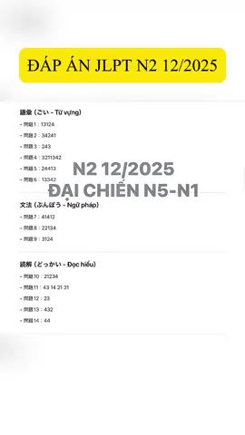 Đáp án jlpt n2 12/2025 #jlpt #日本語 #japanese #tiengnhat 
