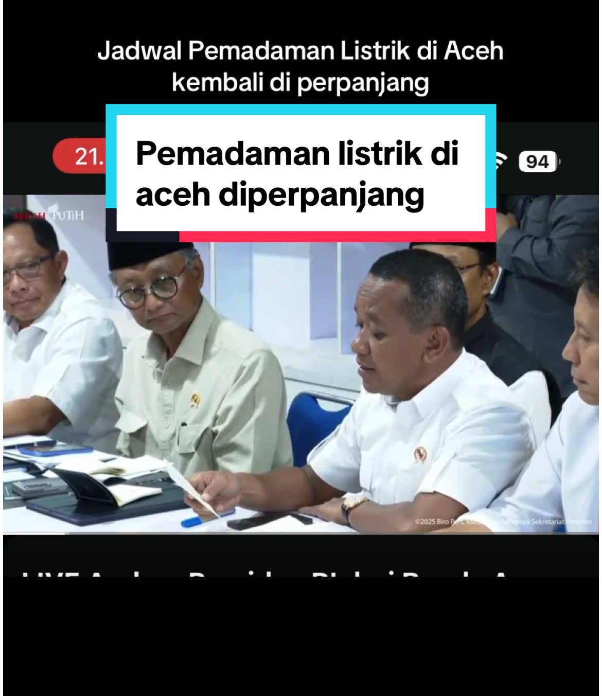 Kepada Presiden, Kepala BNPB dan Menteri ESDM Bahlil Lahadalia melaporkan kondisi kelistrikan di Aceh. Bahlil kembali memperpanjang jadwal pemadaman listrik di Aceh hingga Senin malam. #pln #aceh #listrik #banjir 