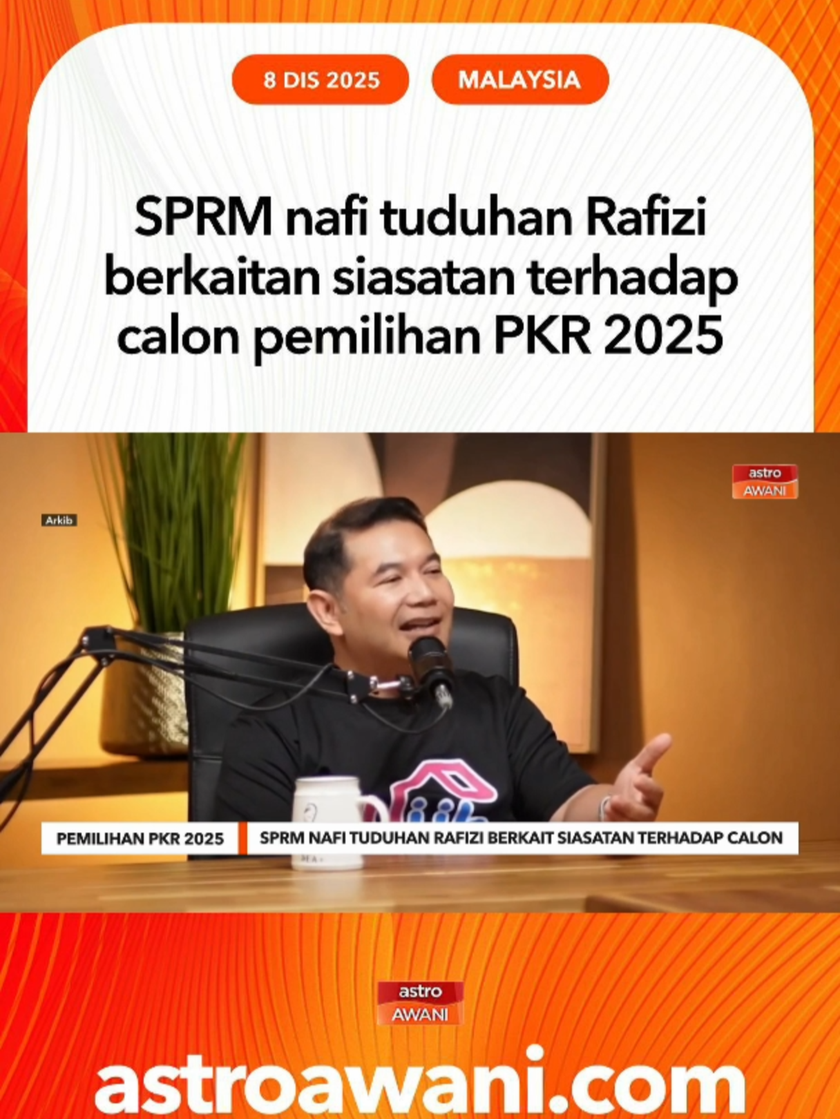 Suruhanjaya Pencegahan Rasuah Malaysia (SPRM) menafikan tuduhan kononnya SPRM digunakan untuk menyiasat calon-calon yang bertanding pada pemilihan PKR Mei lepas seperti didakwa bekas Menteri Ekonomi Datuk Seri Rafizi Ramli dalam sebuah audio siar baru-baru ini. #AWANInews