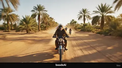 لقطة سينمائية مضحكة من قلب الشمال، حيث يظهر بابون بني يرتدي غطاء رأس تقليدي وهو راكب دراجة نارية وسط طريق ترابي تحيط به أشجار النخيل. يجلس خلفه قرد صغير أبيض اللون بقبعته السوداء، والاثنان ماشيين بي كامل المزاج. البابون يلتفت للكاميرا ماسك السيلفي ستيك ويقول بصوت مليان ضحك. . . . #فيديو_سينمائي #سودان #الشمالية #كوميديا_سودانية #قرود 