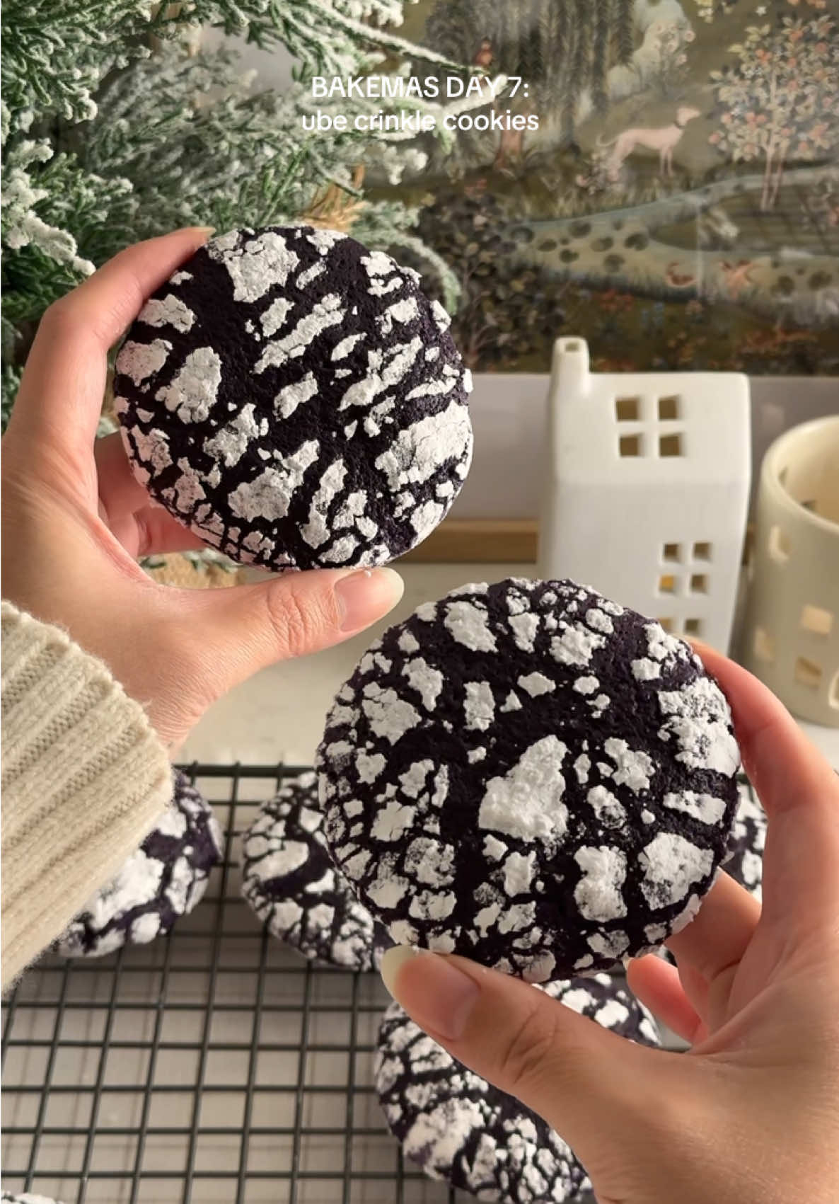 BAKEMAS DAY 7: ube crinkle cookies! 💜 soft and thick ube cookies with a slight crisp on the outside from the sugar coatings and deep ube flavour. they’re a super easy and unique addition to your holiday cookie lineup!! recipe linked in my bio or search “ube crinkle cookies” on my site teakandthyme.com! 😊 #ube #ubecookies #crinklecookies #christmascookies #holidaycookies  