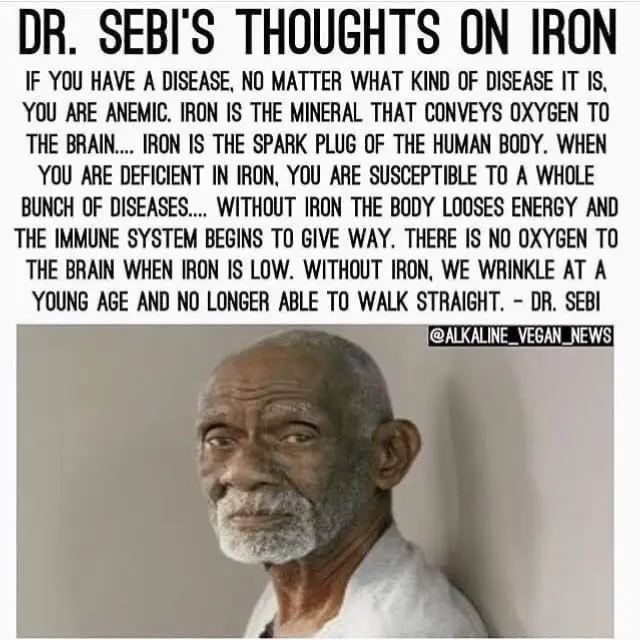 DR. SEBI'S THOUGHTS ON IRON IF YOU HAVE A DISEASE, NO MATTER WHAT KIND OF DISEASE IT IS. YOU ARE ANEMIC. IRON IS THE MINERAL THAT CONVEYS OXYGEN TO THE BRAIN... IRON IS THE SPARK PLUG OF THE HUMAN BODY. WHEN YOU ARE DEFICIENT IN IRON, YOU ARE SUSCEPTIBLE TO A WHOLE BUNCH OF DISEASES... WITHOUT IRON THE BODY LOOSES ENERGY AND THE IMMUNE SYSTEM BEGINS TO GIVE WAY. THERE IS NO OXYGEN TO THE BRAIN WHEN IRON IS LOW. WITHOUT IRON, WE WRINKLE AT A YOUNG AGE AND NO LONGER ABLE TO WALK STRAIGHT. - DR. SEBI. #herbknowledgewithdee 