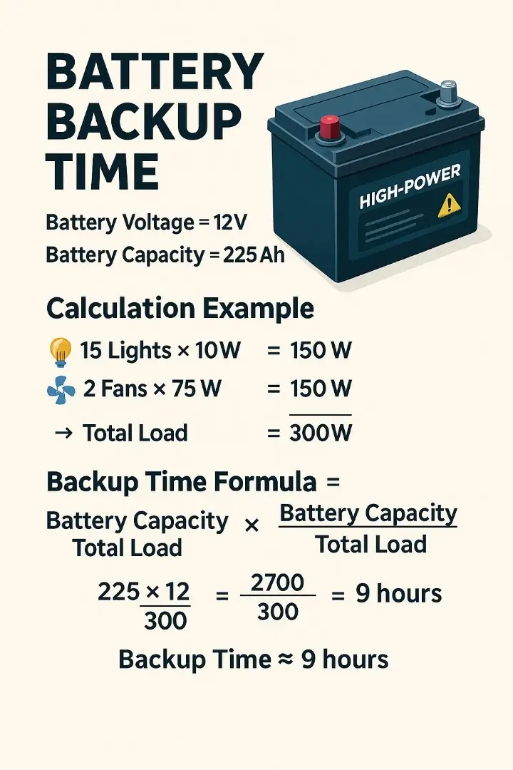 🔋 Battery Backup Time – Simple Calculation Explained Understanding backup time is important when sizing batteries for homes, offices, UPS, solar and inverter systems.  ✔ Helps select the right battery size ✔ Avoids overloading and equipment failure ✔ Useful for UPS, solar systems, and backup design ✔ Essential for electricians, engineers and technicians 🔸 Battery health, inverter efficiency, and discharge depth can slightly reduce backup time. 🔸 Always consider 10–20% margin for real-world usage. ✔ Practical Considerations Actual backup may be slightly less due to: Inverter efficiency Battery aging Depth of discharge Temperature and wiring losses However, this calculation provides a reliable engineering estimate during design and selection. #ElectricalEngineering #BatteryBackup #UPS #solarenergy #solarpowersystem 