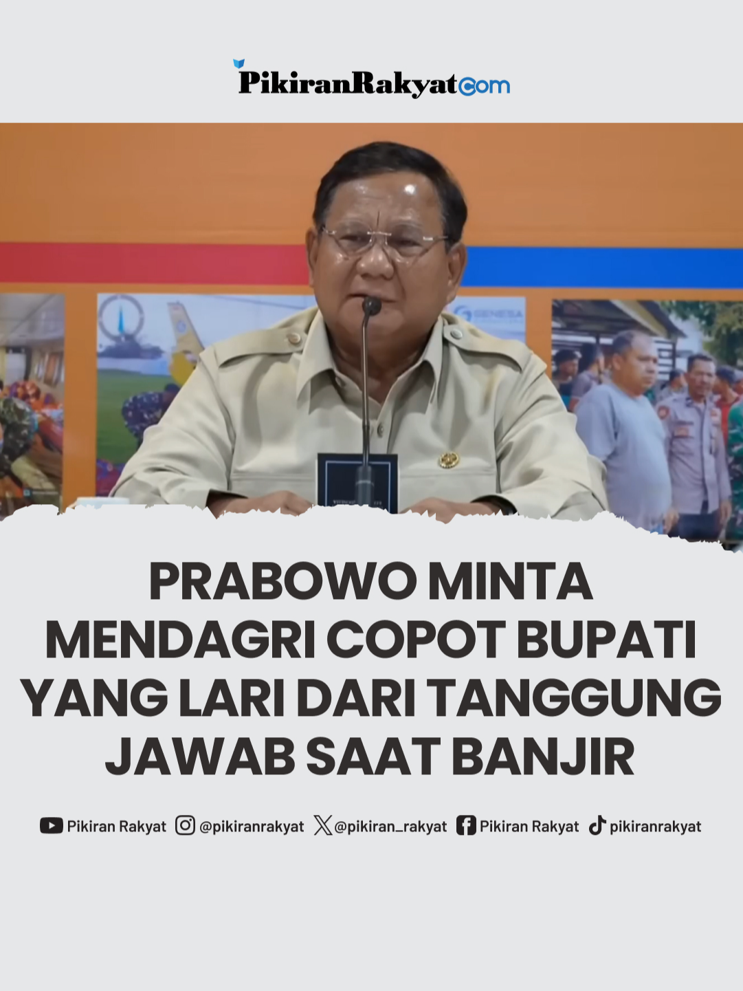 Presiden Prabowo menegaskan bupati yang meninggalkan wilayahnya saat bencana harus dicopot, usai muncul polemik keberangkatan Mirwan MS ke umrah.  Presiden Prabowo Subianto menyampaikan apresiasi kepada seluruh bupati dari daerah-daerah yang terdampak bencana di Aceh. Ucapan itu ia sampaikan dalam rapat terbatas di Posko Terpadu Penanganan Bencana Alam Aceh di Pangkalan Udara Sultan Iskandar Muda, Aceh Besar, Minggu, 7 Desember 2025.  “Terima kasih para bupati, kalian yang terus berjuang untuk rakyat. Memang kalian dipilih untuk menghadapi kesulitan,” ujar Prabowo.  Namun, Prabowo juga melontarkan pernyataan tegas. Ia mempersilakan jika ada kepala daerah yang ingin lari dari masalah, tetapi meminta Menteri Dalam Negeri untuk mencopot pejabat yang meninggalkan tanggung jawab. “Kalau yang mau lari, lari aja. Copot itu, Mendagri bisa ya diproses? Hahah. Bisa?” kata Prabowo sembari tersenyum.  Prabowo membandingkan tindakan meninggalkan tugas saat situasi darurat dengan istilah desersi dalam dunia militer. Ia menjelaskan, dalam institusi TNI dan Polri, desersi adalah tindakan anggota yang meninggalkan tugas dan tanggung jawab tanpa izin resmi. Ari Bagus Jayadi/Editor News #prabowo #bencana #aceh