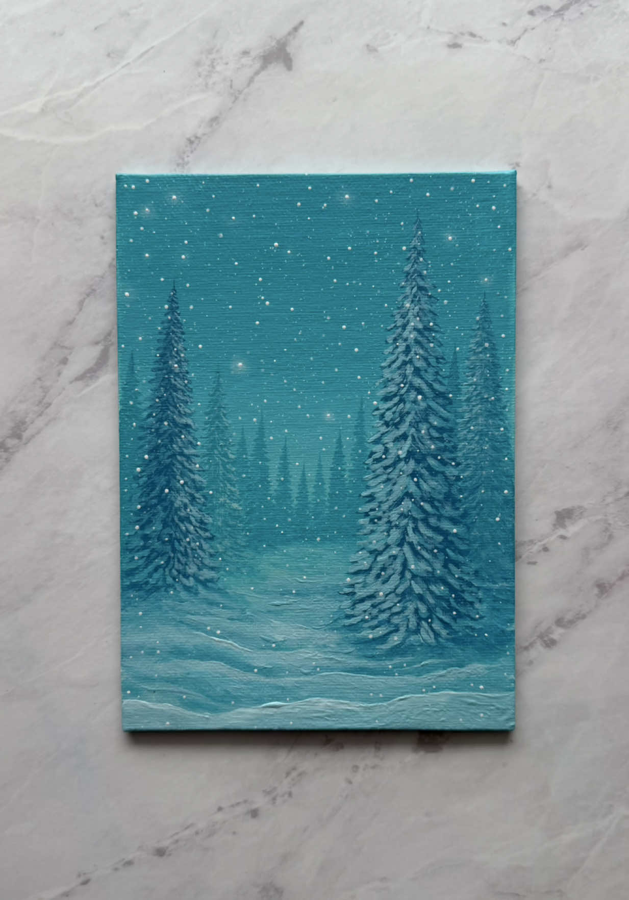winter glow ❄️🩵✨ i hoped this one would feel like a little calm escape in the middle of winter 🥹❄️ would you walk through this winter wonderland with me? 🥹✨ save this for inspo or when you need a calm moment 🫶 🎨 navy blue · aqua · robins egg blue · minted aqua · white #paintingprocess #acrylicpainting #arttok #satisfyingart #winterpainting 