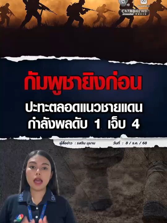 กัมพูชา เปิดฉากยิงทหารไทยก่อน ถล่มหลายจุด กองทัพอากาศ ต้องใช้ F16 เพราะเขมรคุกคามชายแดนไทย ยิงมาจนทำให้กำลังพล ดับ 1 นาย เจ็บ 4 นาย ขณะที่ รพ.ใกล้แนวชายแดน ปิดให้บริการ ส่วนชายแดนกองทัพภาคที่ 1 อพยพแล้ว  . #ชายแดนไทยกัมพูชา #กัมพูชายิงก่อน  #Ch7HDNews #ข่าวออนไลน์7HD  #น้อยรสริน