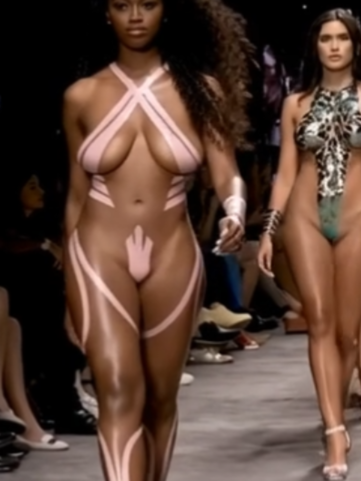 Black Tape Project. Glittery tape bikinis on the runway. #blacktape #blacktapeproject #tapebikini #fashionmodels #swimwear 