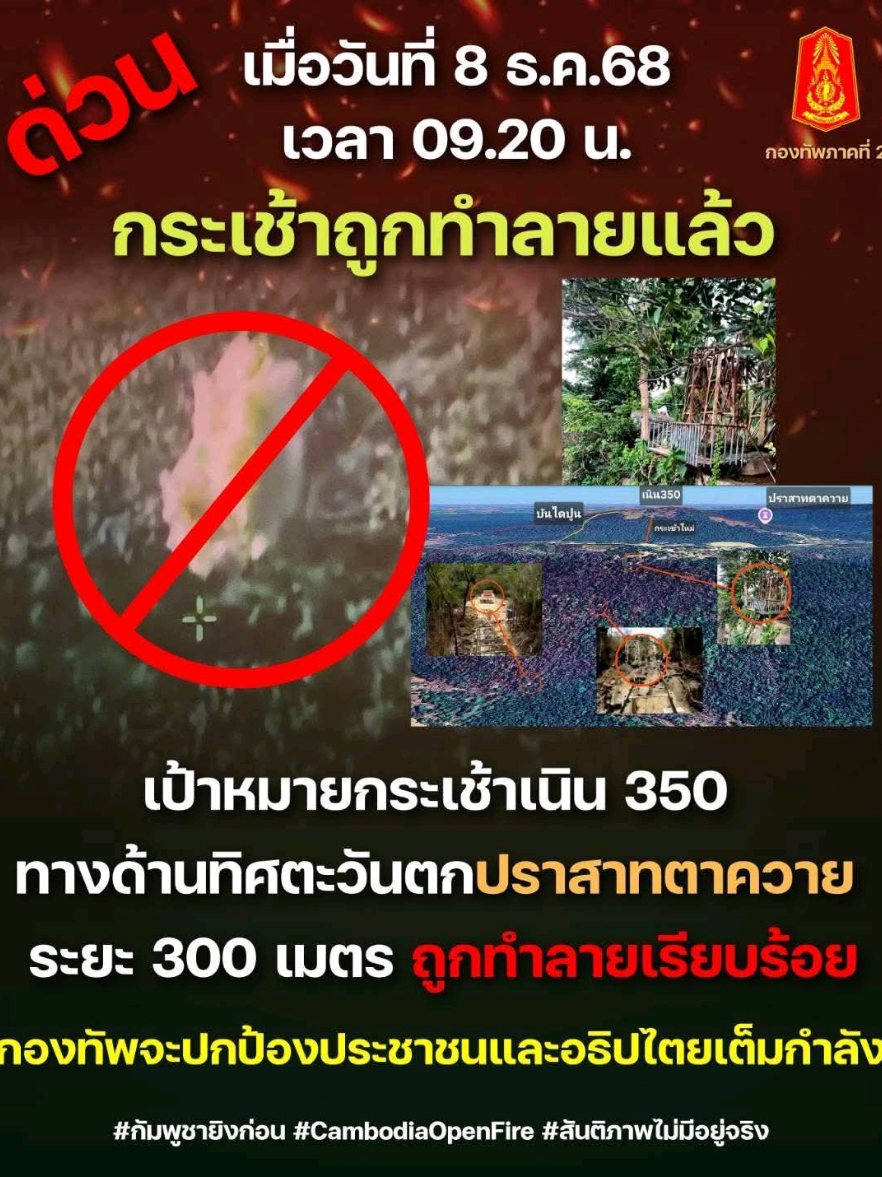 “ด่วน! จุดยุทธศาสตร์ ‘กระเช้าเนิน 350’ ถูกทำลายแล้ว สถานการณ์ชายแดนตึงสุดๆ!” --- 🎙️  เมื่อเวลา 09.20 น. วันที่ 8 ธ.ค. 68 มีรายงานว่า เป้าหมายกระเช้าเนิน 350 ด้านทิศตะวันตกของปราสาทตาควาย ระยะประมาณ 300 เมตร ถูกทำลายเรียบร้อยแล้ว สถานการณ์ยังคงเฝ้าระวังอย่างใกล้ชิด เพราะพื้นที่นี้ถือว่าเป็นจุดสำคัญตามแนวชายแดนไทย–กัมพูชา กองทัพยืนยันว่า จะปกป้องความปลอดภัยของประชาชน และดูแลอธิปไตยของประเทศอย่างเต็มกำลัง --- 🎬  “สถานการณ์ยังไม่นิ่ง เดี๋ยวผมอัปเดตให้ทันทีที่มีความคืบหน้า ใครอยู่พื้นที่ชายแดนดูแลตัวเองกันด้วยนะครับ!” --- #สถานการณ์ชายแดน #ข่าวด่วน #กระเช้าเนิน350 #อัปเดตข่าว 