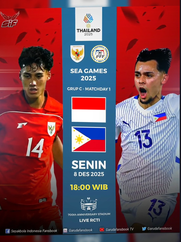 📌SIF | TIMNAS DAY!  SEA GAMES 2025 - Grup C Matchday 1: 📍 INDONESIA 🇮🇩 vs 🇵🇭 FILIPINA 📆 Senin, 8 Desember 2025. K.O: 18:00 WIB 📺 LIVE RCTI 🏟 700th Anniversary Stadium, Chiang Mai ✅🇮🇩 Pertandingan pembuka Garuda Muda di Sea Games 2025 Thailand. Filipina sebelumnya mengalahkan Myanmar dengan skor 2-0, membuat Indonesia harus jalani pertandingan HIDUP MATI di pertandingan pertama All The Best Boys 🇮🇩🇮🇩  .  .  #fyp #timnasu23 #timnasindonesia #viralvideo #fyp 