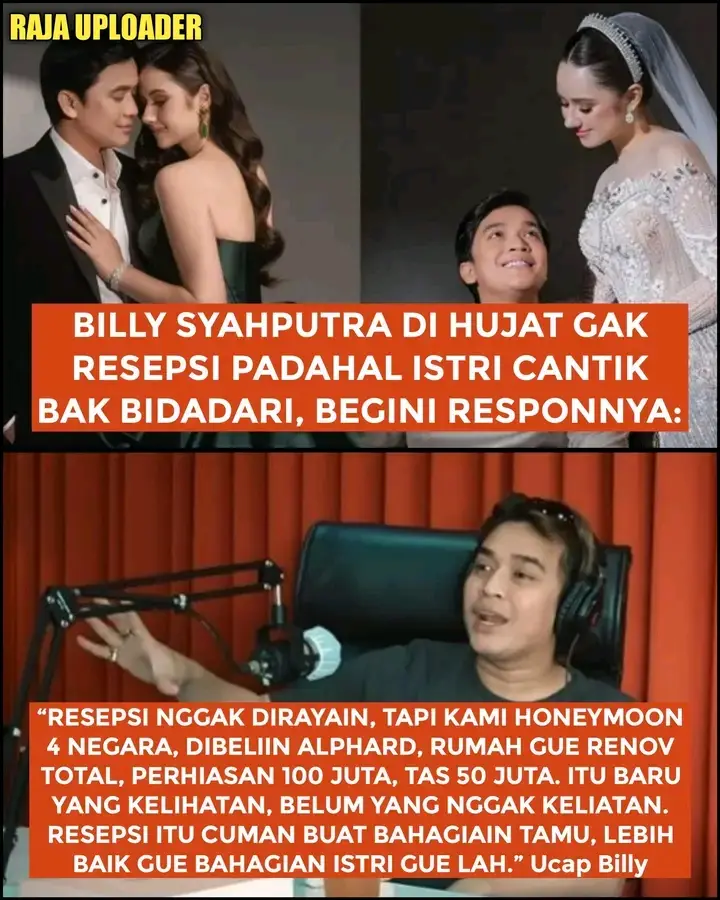 Dihujat karena tidak menggelar resepsi padahal punya istri ”bak bidadari,” Billy Syahputra punya jawaban menohok! 😱 ”Resepsi nggak dirayain, tapi kami honeymoon 4 negara, dibeliin Alphard, rumah gue renov total, perhiasan 100 juta, tas 50 juta. Lebih baik gue bahagiain istri gue lah daripada bahagiakan para tamu.” Menurutmu prioritas yang mana yang lebih penting? #BillySyahputra #Nikah #Resepsi #Honeymoon #fyp 