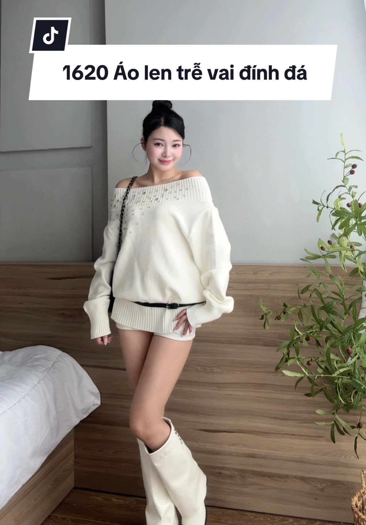 Áo len trễ vai đính đá #reviewquanao #outfitideas #mixandmatch #setdoxinh #aolen 