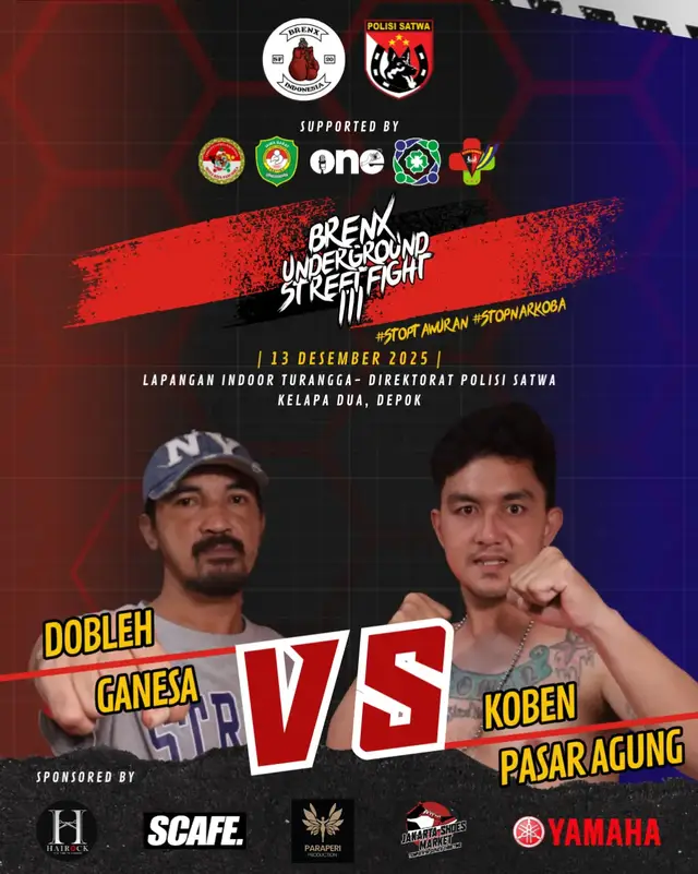 Saksikan Jagoan Lo!!  🗓️ Sabtu, 13 Desember ⏰ Jam 10 - Selesai 📍 Lapangan Indoor Turangga, Direktorat Polisi Satwa, Kelapa Dua Depok #StopNarkoba #StopTawuran #BrenxStreetFighter