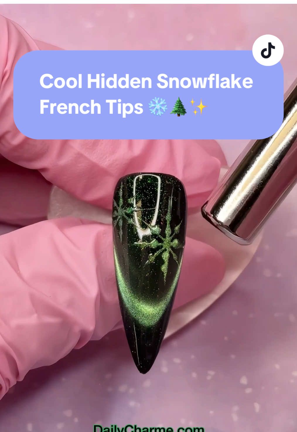 Cool Cat Eye Hidden Snowflake French Tips ❄️🌲✨ A festive frosty twist with sparkling cat eye magic + hidden snowflakes! 🌨️  💅 Everything used for this look is from the brand Daily Charme & is listed below. All goodies are available now in our TikTok shop or via the 🔗 in bi0 💖 Save & share for festive nail inspo! ☃️ Using @daily_charme: 🌲 𝗡𝗘𝗪 E63 Mistletoe Magic 🖤 001 Perfect Black ✂️ Vintage Gold Scissor 🧲 Strong Cat Eye Magnet Cylinder 🖊️ 4-in-1 Nail Art Multi Dotting Pen 🖌️ 12 Art Liner Nail Art Brush  💎 Diamond Shine Top Coat  💅 Long Stiletto Clear Extension Tips  #snowflakenails #cateyenails #frenchtipnails #holidaynails2025 #festivenails         