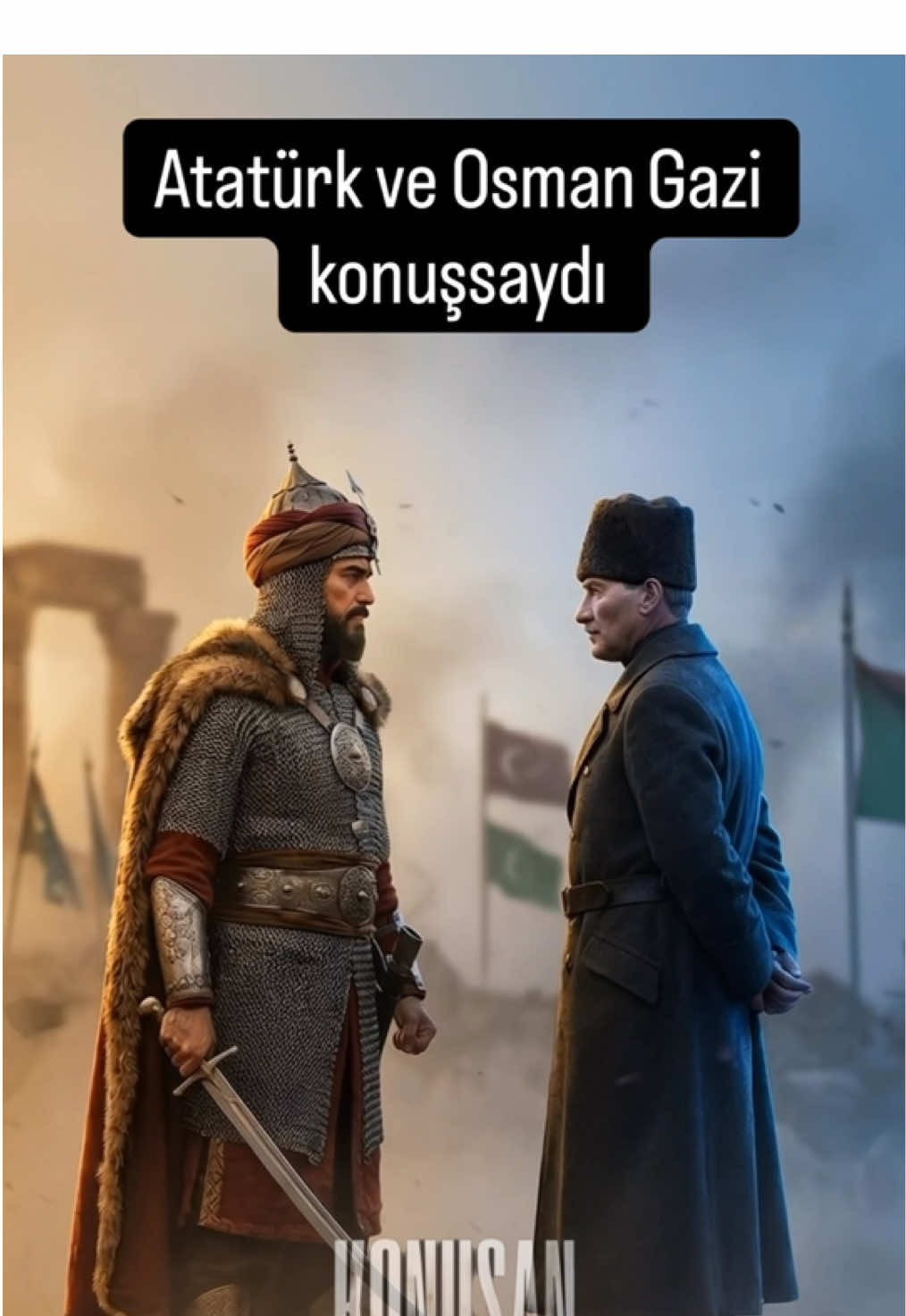 Türkiye Cumhuriyeti’nin kurucusu ile Osmanlı İmparatorluğu’nun kurucusu konuşuyor. Bu video yapay zeka ile kurgulanmıştır.