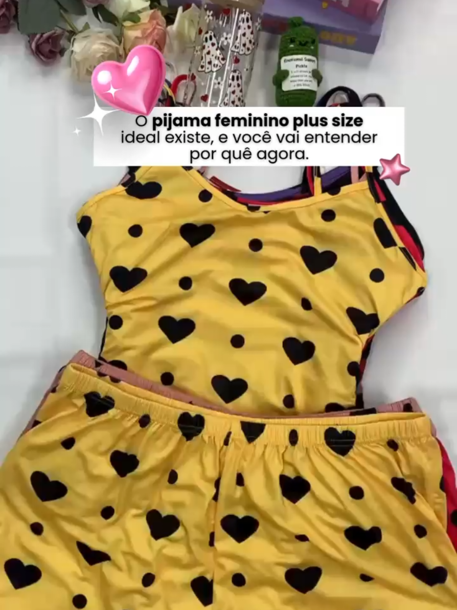 Kit  com 3 Conjuntos Pijama Plus Size Feminino Malha Estampada Short e Blusa Alcinha  Confortável #pijamafeminino #pijamaplussize #pijamadeverao #pijamamalha #modafeminina