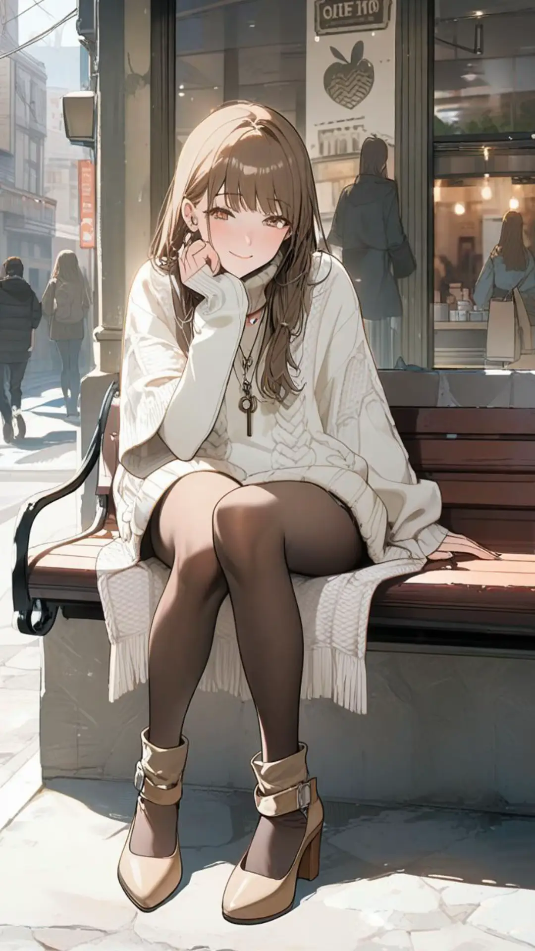 ゆるふわニットコーデで🐈‍⬛ #aiイラスト #ロングヘア #茶髪 