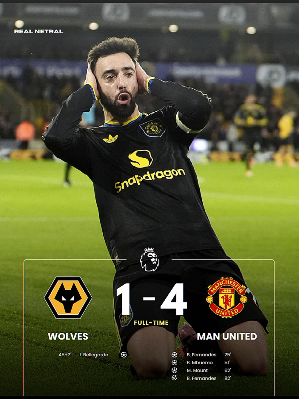 King Emyu pesta gol di kandang Wolves dengan skor 1-4🔥 Bruno Fernandes cetak brace + 1 assist di laga ini👏🔥 #PremierLeague #wolves #manchesterunited #muvswolves #fyp 