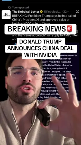 BREAKING: President Trump says he has called China's President Xi and approved sales of Nvidia's H200 chip to China. Trump says 25% of revenue will be paid to the US and the 