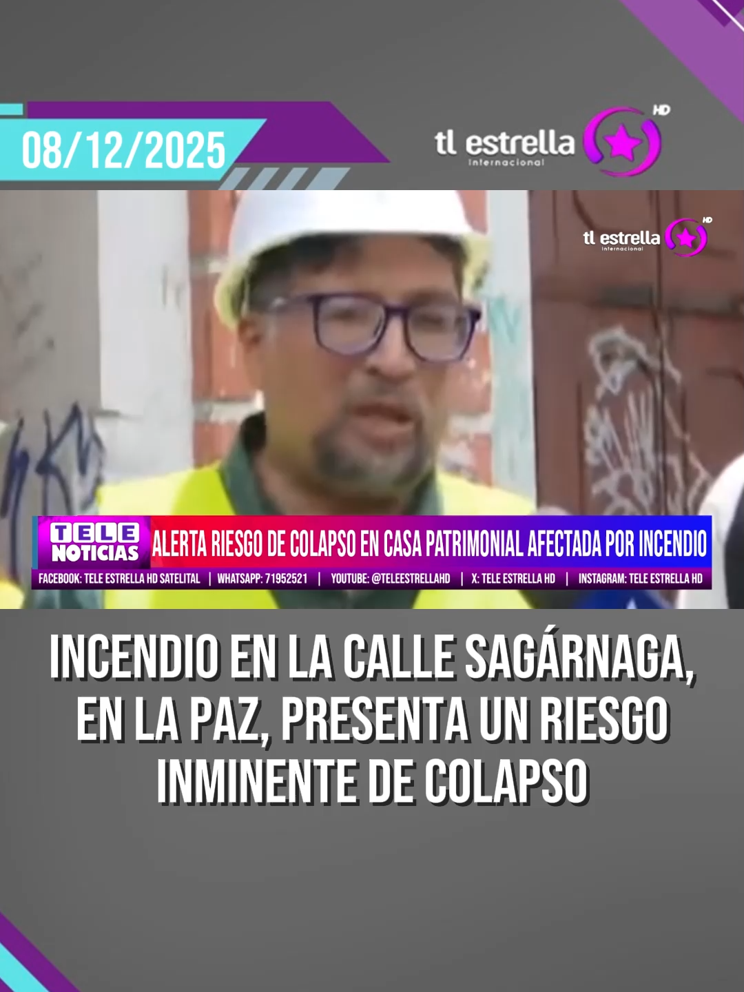 Sociedad de Ingenieros de Bolivia alerta riesgo de colapso en casa patrimonial afectada por incendio en La Paz La Sociedad de Ingenieros de Bolivia informó que la casa patrimonial afectada por un incendio en la calle Sagárnaga, en La Paz, presenta un riesgo inminente de colapso. Ante esta situación, recomendaron realizar una demolición interna en primera instancia para garantizar la seguridad de la estructura y las personas cercanas. Asimismo, advirtieron que, en caso de agravarse el estado del inmueble, podría ser necesaria una demolición total para evitar accidentes.