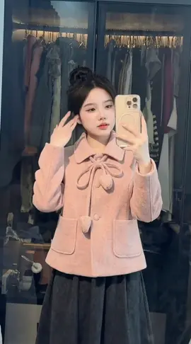 Áo Khoắc Dạ Ép Tiểu Thu Cổ Bẻ Mix Dây Buộc Nơ Mùa Thu Đông Cho Nữ