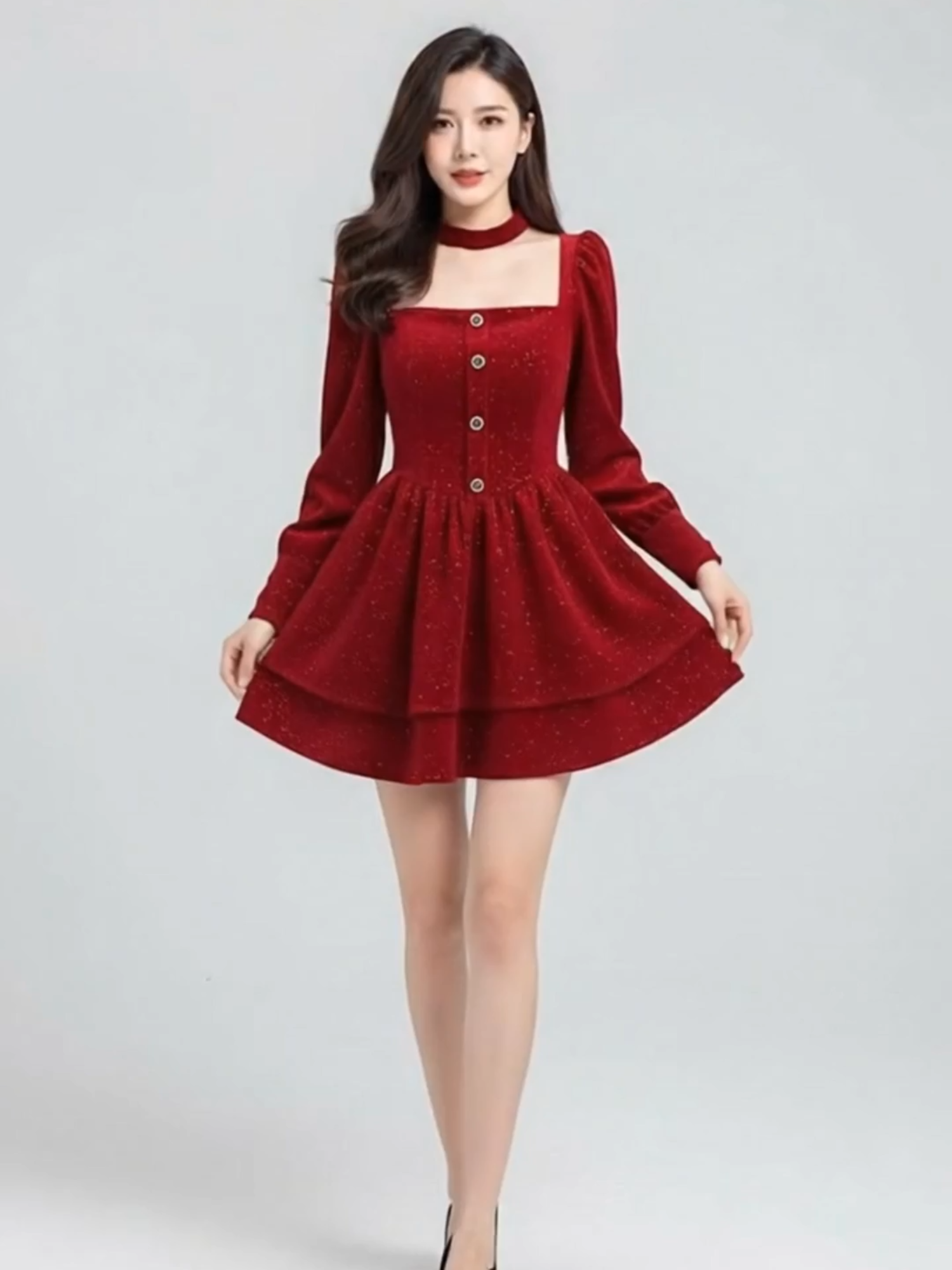 Elegant Mini Dress – Square Neck & Long Sleeve Design #RedDress #MiniDress #PartyDress #ElegantStyle #CocktailDress #SquareNeckDress #WomenFashion #HolidayOutfit #ChicLook #EveningWear #SparklyDress #VelvetDress #GirlyStyle