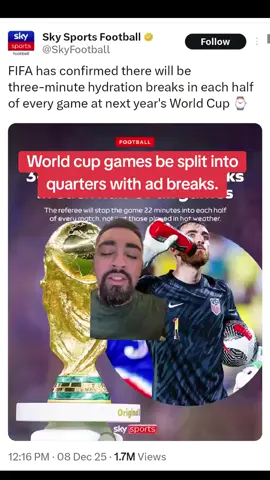 Dec 8th. FIFA announced that every 2026 World Cup match will have a three-minute hydration break roughly 22 minutes into each half#greenscreen 