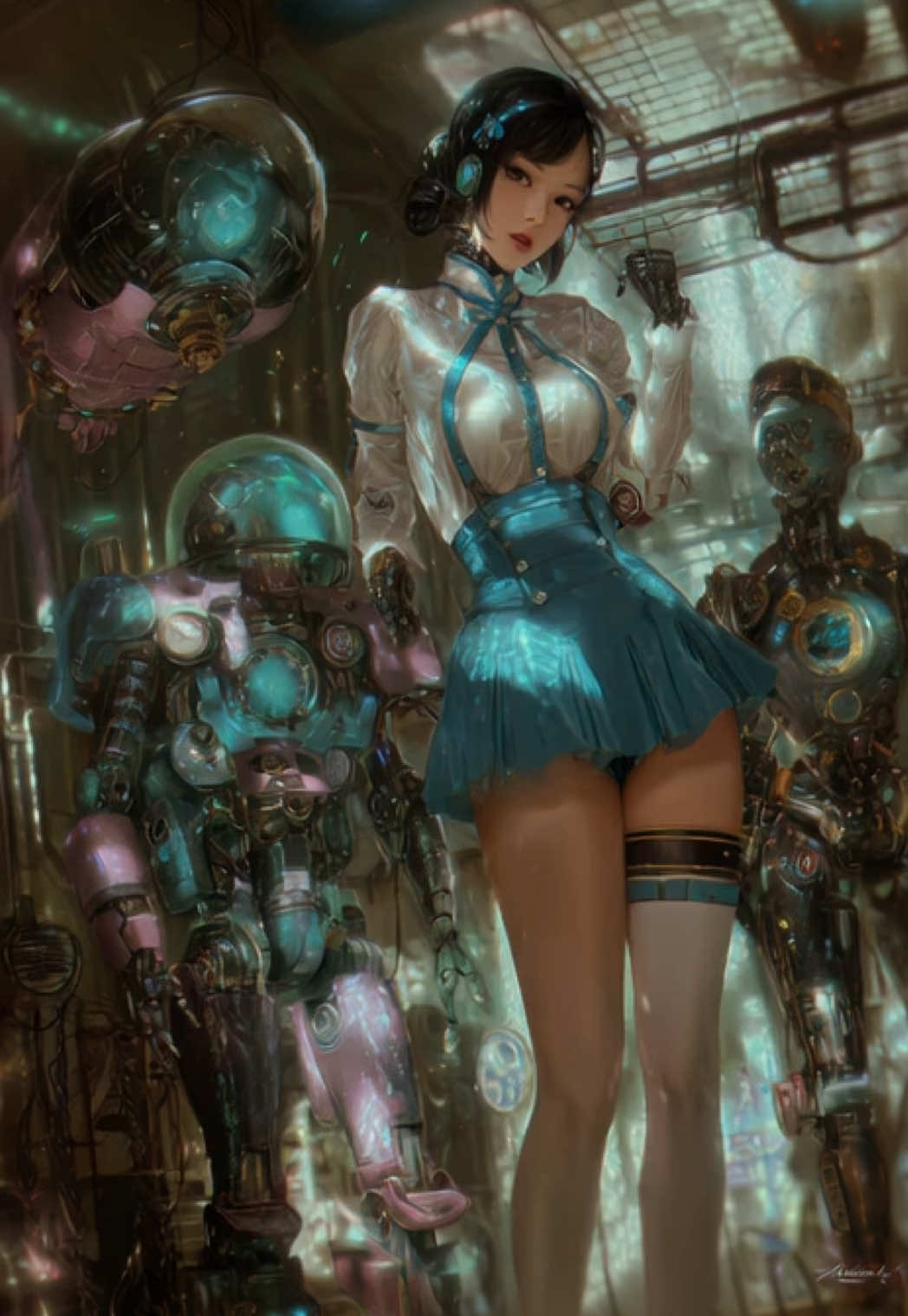They follow her like she’s the code they were written for. #AIArt #AestheticAI #CyberDoll #robotgirl 