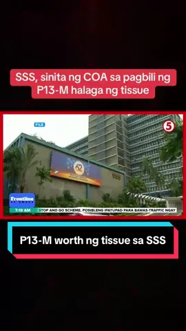 SANGKATERBANG TISSUE SA SSS Sinita ng Commission on Audit ang Social Security System sa pagbili nito ng tissue na umabot ng P13 million. Base sa 2024 annual audit ng COA, 143,000 na rolyo ng tissue ang binili ng ahensya.