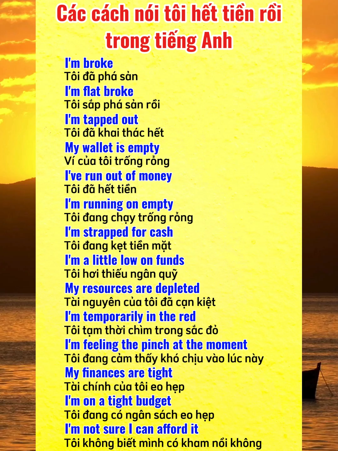 Các cách nói tôi hết tiền rồi trong tiếng Anh một cách pro :-) #hoctienganh #tienganhgiaotiep #tienganh123 #tienganhchonguoimatgoc #hoctuvungtienganh