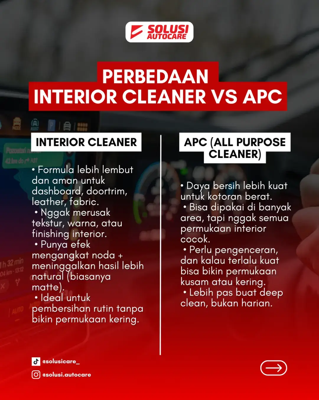 Bingung bedain Interior Cleaner sama APC? 🤔 Ternyata fungsinya beda banget, dan salah pilih bisa bikin permukaan interior cepat kusam! Cek bedanya biar nggak salah pakai 🧽✨ #solusiautocare #perawatanmobil #pengkilapmobil #viral #fypp 