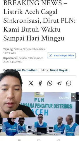 BREAKING NEWS – Listrik Aceh Gagal Sinkronisasi, Dirut PLN: Kami Butuh Waktu Sampai Hari Minggu SERAMBINEWS.COM, BANDA ACEH – Direktur Utama (Dirut) PT PLN, Darmawan Prasodjo mengungkapkan bahwa terjadi kegagalan sinkronisasi kelistrikan di Aceh, sehingga seluruh wilayah Aceh terisolasi dari jaringan sistem kelistrikan Sumatera. Hal itu disampaikannya dalam konferensi pers secara daring bersama Menteri Energi dan Sumber Daya Mineral (ESDM) Bahlil Lahadalia, Selasa (9/12/2025) siang. Darmawansa, menjelaskan bahwa proses penormalan membutuhkan waktu karena adanya ketidakstabilan saat mencoba sinkronisasi kelistrikan di Arun-Bireuen-Banda Aceh. Menurut Darmawansa, pada Senin siang (8/12/2025) PLN telah mencoba mengalirkan listrik dari pembangkit di Arun menuju Banda Aceh.  Hasilnya, sinkronisasi dari Arun ke Bireuen berjalan dengan lancar, begitu pula dari Bireuen ke Sigli.  Namun, saat aliran listrik mencapai Sigli, sistem mengalami ketidakstabilan sehingga pembangkit sempat padam pada malam harinya. “Sinkronisasi antara pembangkit Arun ke Bireuen berjalan dengan lancar. Kemudian dari Bireuen ke Sigli juga berjalan dengan baik,” “Tetapi kami mengakui begitu sampai ke Sigli terjadi ketidakstabilan sistem kelisikan dari Arun ke Sigli. Sehingga pembangkit tadi malam sempat padam,” jelasnya. Darmawansa menambahkan, masalah lain muncul akibat terputusnya transmisi dari Langsa ke Pangkalan Brandan, yang menyebabkan sistem kelistrikan Aceh terisolasi dari jaringan Sumatera. 