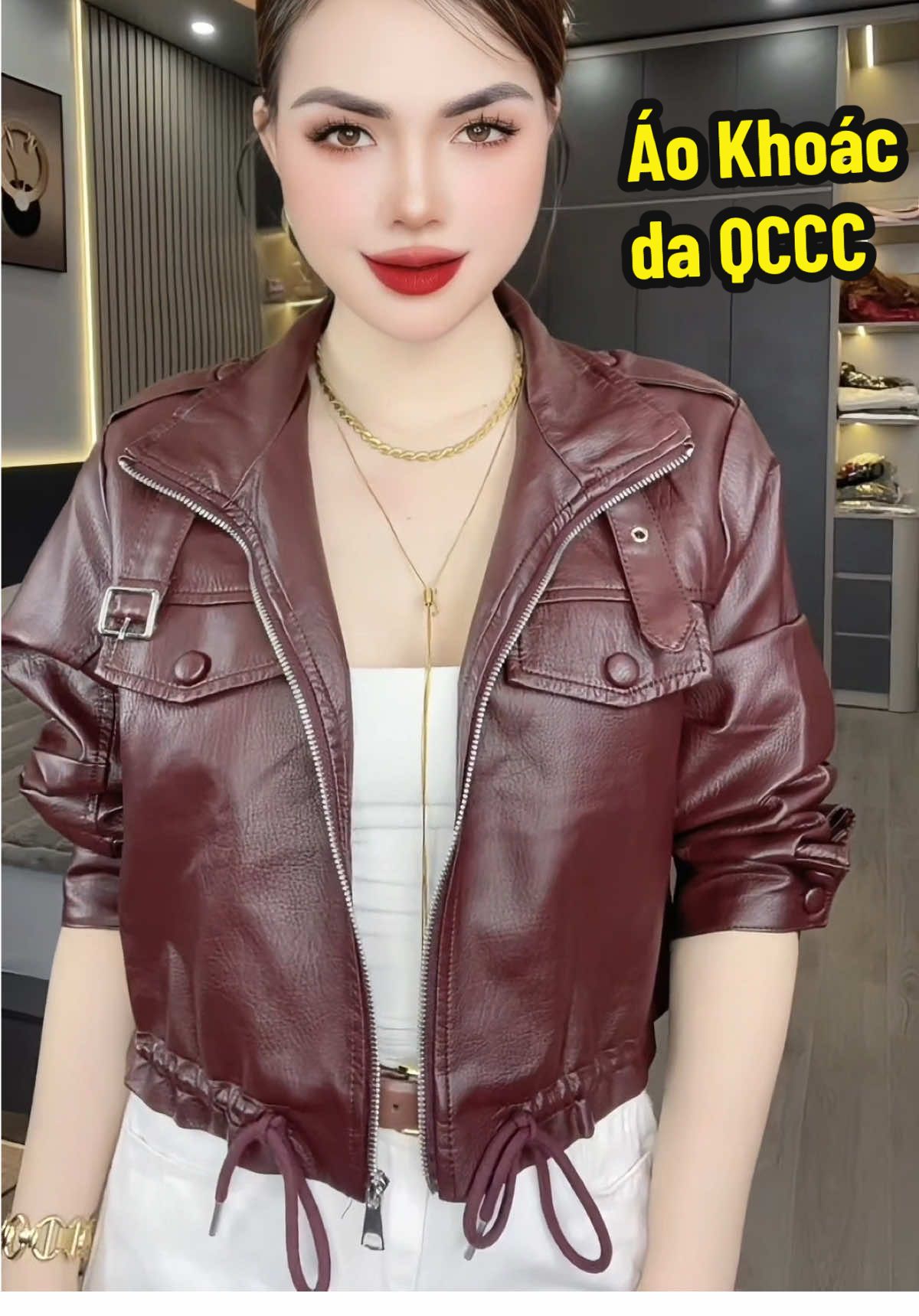 Áo Khoác Da hàng QCCC, kèm dây đai cổ. Cúc bọc. Tay dài. Có dây rút bo gấu #liên_aila #aokhoacda #aoda #aodanu #aokhoacdanu 