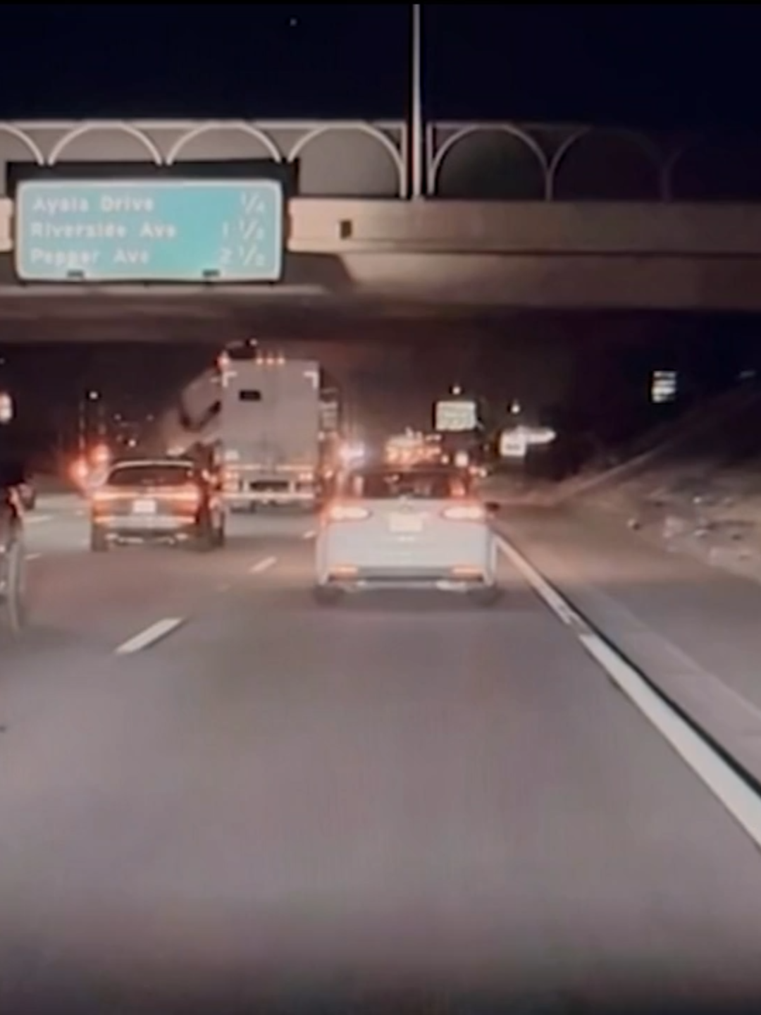 A car's dashcam caught the terrifying moment a pickup truck went flying off an overpass and crashed onto the roadway below in San Bernardino County. Read more at the link. #dashcam #rialto