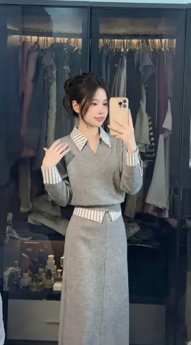 Set Áo Tay Dài Phối Kẻ Tay Dài Mix Chân Váy Dài 🍓🍓