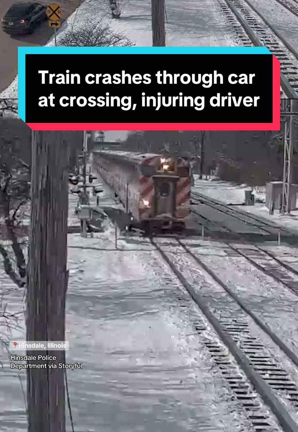 An 80-year-old driver suffered minor injuries after a commuter train crashed into her car at a crossing in a Chicago suburb on Monday.  The driver was the lone occupant and was taken to a hospital, police said. #chicago 