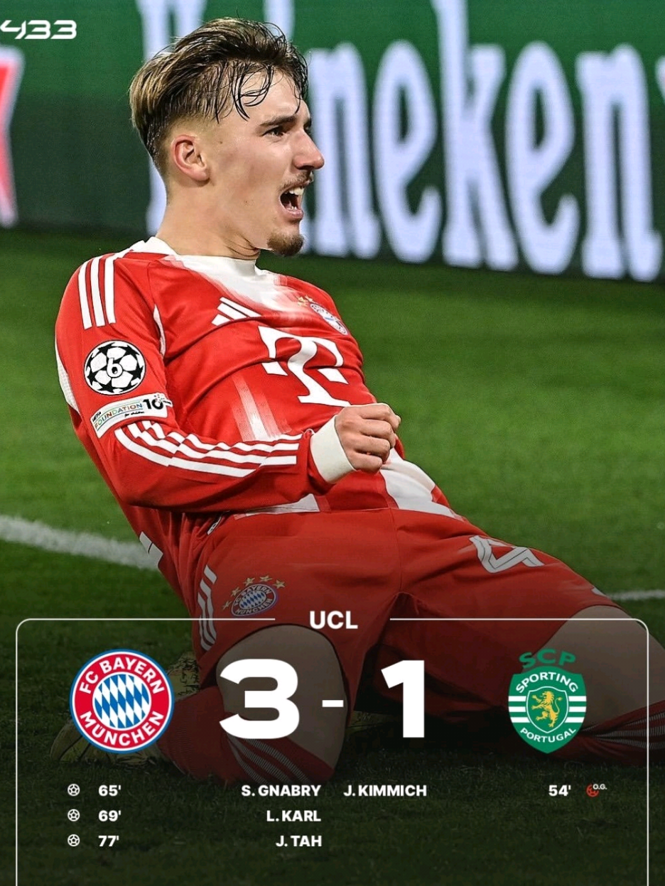 FT: BAYERN 3-1 SPORTING CP Bayern Munchen berhasil tundukkan sporting Lisbon dengan telak, Bayern kini naik ke posisi klasemen ucl. #bayern #sportingcp #championsleague #ucl #karl 